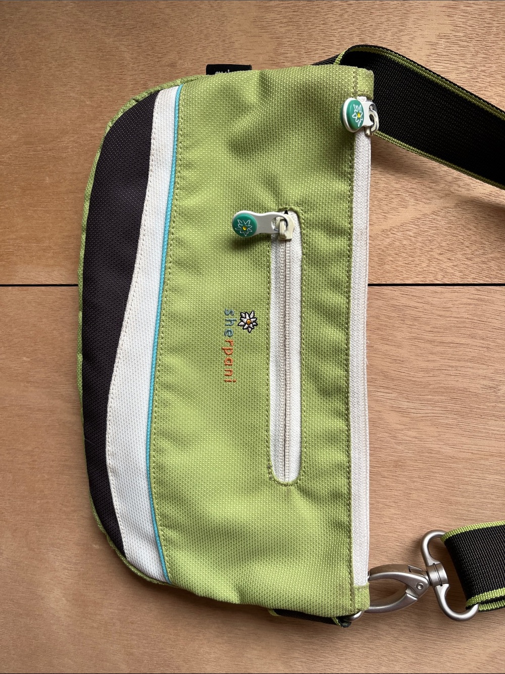 Sherpani Lime Green Crossbody with Brown and White Trim